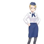  black_legwear blonde_hair blue_eyes blue_hat blue_ribbon blue_skirt clenched_hand hands_on_hips hat long_sleeves looking_at_viewer makaria official_art pantyhose pocket princess_principal princess_principal_game_of_mission ribbon short_hair skirt solo standing 