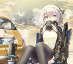  ar-15 bare_tree beanie black_jacket black_legwear blush brown_hair camping can chair cloud cloudy_sky commentary_request cup day drinking eyebrows_visible_through_hair feet_out_of_frame fiat_500 gradient_hair gun hair_between_eyes hat high_collar holding holding_cup jacket license_plate long_sleeves looking_at_viewer multicolored_hair nanaroku_(fortress76) open_clothes open_jacket original outdoors purple_eyes purple_hair rifle shirt short_hair sitting sky sniper_rifle snowing solo steam thighhighs tree weapon white_shirt winter 