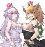  2girls bare_arms bare_shoulders black_dress blonde_hair blue_eyes blush bowsette bracelet breast_press breasts cinko17817 collar dress grin hair_between_eyes horns jewelry large_breasts long_hair looking_at_viewer mario_(series) multiple_girls new_super_mario_bros._u_deluxe nintendo parted_lips ponytail princess_king_boo red_eyes sharp_teeth silver_hair simple_background smile spiked_armlet spiked_bracelet spiked_collar spiked_shell spikes strapless strapless_dress super_crown symmetrical_docking teeth thong turtle_shell white_background white_dress 