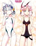  2girls android animal_ears black_flower black_rose black_swimsuit blue_eyes breasts casual_one-piece_swimsuit cat_ears clarion competition_swimsuit copyright_name flower hair_ornament highres hitotose_rin koukaku_no_pandora lace multiple_girls one-piece_swimsuit phobos_(koukaku_no_pandora) pink_eyes pink_hair robot_joints rose small_breasts smile sparkle_background swimsuit white_hair white_swimsuit 