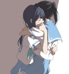  black_hair blue_hair brown_hair closed_eyes commentary hibike!_euphonium hug kasaki_nozomi liz_to_aoi_tori multiple_girls mutual_hug ponytail ree_(re-19) school_uniform serafuku skirt symbol_commentary yoroizuka_mizore 