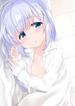  bangs bed_sheet blue_eyes blue_hair blush breasts cacao_(chocolat) collarbone collared_shirt commentary_request day dress_shirt dutch_angle eyebrows_visible_through_hair gochuumon_wa_usagi_desu_ka? hair_between_eyes hand_up highres indoors kafuu_chino long_hair long_sleeves looking_at_viewer lying naked_shirt on_side open_clothes open_shirt parted_lips shirt sleeves_past_wrists small_breasts solo sunlight white_shirt window 