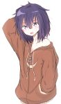  :d absurdres arm_up bare_shoulders blush collarbone drawstring eyebrows_visible_through_hair fang gabriel_dropout hair_between_eyes hand_behind_head hand_in_pocket head_tilt highres hood hoodie looking_at_viewer messy_hair off_shoulder open_mouth piyomi purple_eyes purple_hair single_bare_shoulder smile solo tsukinose_vignette_april white_background zipper 