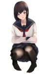  akito_(d30n26) black_eyes black_hair black_legwear blue_sailor_collar blue_skirt commentary_request crossed_arms full_body head_tilt highres looking_at_viewer neckerchief no_shoes original panties panties_under_pantyhose pantyhose pantyshot pantyshot_(squatting) pleated_skirt red_neckwear sailor_collar shirt short_hair simple_background skirt solo squatting underwear upskirt white_background white_panties white_shirt 