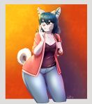  2018 5_fingers anthro black_clothing black_hair black_shirt black_topwear border canine cigarette clothed clothing countershade_tail countershading digital_media_(artwork) dog ear_piercing eyebrows eyebrows_visible_through_hair female front_view fully_clothed fur gradient_background grey_border grey_fur grey_tail hair heterochromia hi_res hobbsmeerkat husky industrial_piercing jeans long_hair mammal multicolored_fur multicolored_tail open_shirt pants piercing pink_clothing pink_nose pink_shirt pink_topwear portrait shirt signature simple_background solo three-quarter_portrait two_tone_fur two_tone_tail white_fur white_tail 