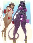  2018 anthro bikini biped black_fur black_hair black_tail breasts brown_fur brown_hair brown_tail bulge clothed clothing cup dickgirl digital_media_(artwork) duo eyewear feline female footwear front_view fur hair hi_res high_heels holding_cup holding_object intersex kenno_arkkan lion long_hair low-angle_view mammal multicolored_fur one-piece_swimsuit panther penis_outline purse shoes small_breasts standing sunglasses swimsuit tail_tuft tan_fur tuft two_tone_fur 