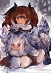  :&lt; absurdres bangs bird_tail brown_coat brown_eyes brown_hair coat commentary commentary_request covering_ears eurasian_eagle_owl_(kemono_friends) expressionless fur_collar fur_trim grey_hair hair_between_eyes hair_wings highres kaamin_(mariarose753) kemono_friends lap_pillow looking_at_viewer multicolored_hair multiple_girls northern_white-faced_owl_(kemono_friends) pantyhose partial_commentary seiza sitting tail tears white_coat white_hair white_legwear window 