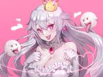  bangs bare_shoulders blush boo breasts cleavage commentary crown earrings eyebrows_visible_through_hair eyeshadow floating frills ganik gem ghost gloves grey_hair hair_between_eyes hands_on_own_chest hands_up heart heart-shaped_pupils heart_of_string jewelry large_breasts long_hair looking_at_viewer makeup mario_(series) neck_garter new_super_mario_bros._u_deluxe pink_background pointy_ears princess_king_boo sharp_teeth shiny shiny_hair simple_background smile strapless super_crown symbol-shaped_pupils symbol_commentary teeth tongue tongue_out upper_teeth very_long_hair white_gloves 