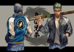  brothers brown_eyes casual denim eyebrows forehead genji_(overwatch) green_hair hand_in_pocket hands_in_pockets hanzo_(overwatch) highres holding holding_weapon jacket jeans letterman_jacket looking_at_viewer low_ponytail male_focus multiple_boys over_shoulder overwatch pants sae_(revirth) sheath sheathed short_ponytail siblings sword sword_over_shoulder weapon weapon_over_shoulder young_genji young_hanzo younger 
