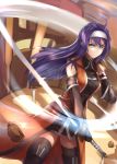  absurdres black_legwear blue_hair closed_mouth commentary_request detached_sleeves fingerless_gloves fire_emblem fire_emblem:_akatsuki_no_megami gloves green_eyes headband highres holding holding_sword holding_weapon lanse_dai_mao long_hair rock solo sword thighhighs wayu_(fire_emblem) weapon white_headband 