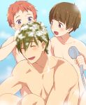  bangs bathing blush bowl_cut brothers brown_eyes brown_hair closed_eyes eyebrows_visible_through_hair free! funikurikurara male_focus multiple_boys open_mouth pink_hair purple_eyes shampoo shared_bathing shigino_hayato shower_head showering siblings smile tachibana_makoto tachibana_ren_(free!) washing washing_hair 