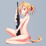  animal_ears arm_up assault_rifle barefoot blonde_hair blush breast_press breasts cat_ears cat_tail coffeiz_p from_side gun hair_ribbon holding holding_gun holding_weapon looking_at_viewer m4_carbine medium_breasts nude one_knee open_mouth original ponytail red_eyes ribbon rifle saliva saliva_trail sexually_suggestive shiny shiny_skin sidelocks simple_background soles solo tail tongue tongue_out weapon 
