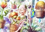  :d absurdres blurry blurry_background carrying fairy fantasy floating floating_object flower flower_box gem glasses greenhouse hair_ornament highres kokorin open_mouth original pale_skin pink_eyes plant potted_plant red_eyes short_hair smile standing third_eye tree white_hair yellow-framed_eyewear 