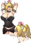  1girl armpits arms_up bare_shoulders black_dress blonde_hair blue_eyes blush bowsette breasts cinko17817 cleavage collar collarbone dress fellatio heart heart-shaped_pupils horns large_breasts long_hair looking_at_viewer mario_(series) new_super_mario_bros._u_deluxe nintendo open_mouth oral penis ponytail profile sharp_teeth simple_background spiked_armlet spiked_collar spikes strapless strapless_dress super_crown symbol-shaped_pupils teeth thong white_background 