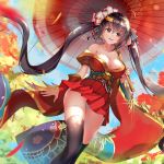  ahoge asanogawa_(tutufcc) ass_visible_through_thighs azur_lane bangs bare_shoulders black_hair black_legwear blue_sky blush breasts cleavage cloud collarbone commentary_request day detached_sleeves eyebrows_visible_through_hair feathers floating_hair flower gold_trim hair_between_eyes hair_flower hair_ornament hair_ribbon highres holding holding_umbrella huge_breasts japanese_clothes kimono large_breasts leaves_in_wind long_hair looking_at_viewer obi off_shoulder oriental_umbrella outdoors panties parted_lips red_eyes red_kimono red_ribbon ribbon sash sidelocks sky smile solo striped striped_ribbon taihou_(azur_lane) thighhighs twintails umbrella underwear very_long_hair walking white_panties wide_sleeves wind wind_lift 