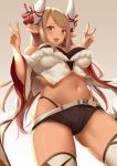  1girl bangs bare_shoulders belt black_panties black_shorts blonde_hair blush breasts brown_eyes cleavage cowboy_shot crop_top dark_skin double_v draph fur_trim gradient gradient_background granblue_fantasy groin hand_gesture hands_up highleg highleg_panties horns kuvira_(granblue_fantasy) large_breasts long_hair looking_at_viewer micro_shorts midriff navel open_mouth panties pointy_ears shorts smile solo standing stomach suzuame_yatsumi thighhighs thighs underwear v white_legwear wide_sleeves 