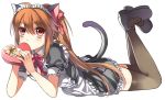  ahoge alternate_costume animal_ears black_legwear blush box brown_hair cat_ears cat_tail chocopenguin commentary_request enmaided full_body hair_between_eyes heart-shaped_box little_busters! long_hair looking_at_viewer lying maid maid_headdress natsume_rin on_stomach ponytail puffy_short_sleeves puffy_sleeves short_sleeves solo tail thighhighs 