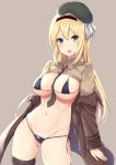  absurdres bangs beret bikini black_legwear blonde_hair breasts brown_background brown_jacket brown_shirt cleavage coat commentary_request cowboy_shot eyebrows_visible_through_hair girls_frontline green_eyes green_neckwear hair_between_eyes hairband hat highres jacket large_breasts long_hair looking_at_viewer m1_garand_(girls_frontline) micro_bikini navel necktie open_clothes open_mouth shirt simple_background solo standing swimsuit zhi_zhi/zu_zu 