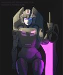  2015 alien autobot blue_eyes cybertronian digital_drawing_(artwork) digital_media_(artwork) english_text female holding_object holding_weapon humanoid lipstick living_machine looking_at_viewer machine makeup melee_weapon not_furry pink_lipstick raikoh-illust robot simple_background solo standing sword text transformers warpaint weapon 