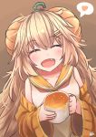  :d absurdres blonde_hair blush closed_eyes collarbone cup eyebrows_visible_through_hair fang food food_on_face food_themed_hair_ornament girls_frontline hair_ornament hairclip heart highres hiromaster_sinta_jh holding long_hair mug neckerchief off_shoulder open_mouth pumpkin_hair_ornament s.a.t.8_(girls_frontline) sailor_collar signature sketch smile solo speech_bubble spoken_heart very_long_hair 