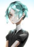  1other androgynous aqua_eyes aqua_hair blue_eyes blue_hair colored_eyelashes crystal_hair expressionless eyebrows_visible_through_hair eyes_visible_through_hair gem_uniform_(houseki_no_kuni) houseki_no_kuni looking_at_viewer necktie phosphophyllite short_hair solo upper_body 