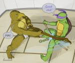  anthro clothing dojo donatello_(tmnt) english_text fundoshi hamakei japanese_clothing male martial_arts ralloonx reptile scalie sparring teenage_mutant_ninja_turtles text turtle underwear 