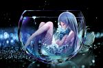  absurdres bangs barefoot black_background blue_flower blue_hair closed_eyes commentary_request cup drinking_glass fallen_heaven flower from_side hair_between_eyes hands_up highres knees_up long_hair nude original partially_submerged profile solo transparent very_long_hair water 