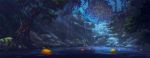  commentary_request dark fantasy food fruit highres lake mocha_(cotton) nature night night_sky no_humans original outdoors scenery sky star_(sky) starry_sky stone tree water waterfall 