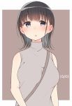  :o bangs between_breasts black_hair blue_eyes blush breasts dated eyebrows_visible_through_hair large_breasts looking_at_viewer nekoume open_mouth original outside_border short_hair sleeveless sleeveless_turtleneck solo strap_cleavage tareme turtleneck upper_body 