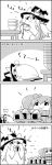  4koma bow bowl bucket chopsticks comic commentary_request eating fat food food_on_face greyscale hair_between_eyes hair_bobbles hair_bow hair_ornament hat hat_bow highres holding holding_bowl holding_chopsticks holding_plate in_bucket in_container kirisame_marisa kisume kneeling long_hair lying monochrome onigiri plate rice rice_bowl rice_on_face smile sparkle stack table tani_takeshi touhou translation_request twintails witch_hat yukkuri_shiteitte_ne 