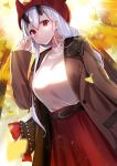 autumn autumn_leaves bag bangs beanie belt belt_buckle blurry blush breasts brown_coat buckle coat commentary_request day depth_of_field earrings eyebrows_visible_through_hair fate/grand_order fate_(series) felnemo ginkgo ginkgo_leaf hair_ribbon hat highres horned_headwear horns jewelry leaf long_hair long_sleeves looking_at_viewer medium_breasts outdoors red_eyes red_hat red_skirt ribbon shirt shopping_bag silver_hair skirt smile solo standing stud_earrings sunlight tomoe_gozen_(fate/grand_order) very_long_hair 