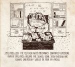  alejandro_giraldo amphibian anthro clothing cup desk digital_media_(artwork) english_text frog frown monochrome necktie sepia sitting solo text writing_(disambiguation) 