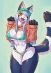  1girl bikini brown_eyes cat furry long_hair one_eye_closed solo su1ka sweater swimsuit white_hair 