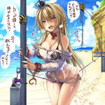  bdsm beach bikini black_bikini blonde_hair blue_eyes blue_sky blush bondage bound bound_wrists braid breasts collar crotch_rope crown cuffs day dress eyebrows_visible_through_hair french_braid hair_between_eyes handcuffs heavy_breathing highres jewelry kantai_collection long_hair long_sleeves looking_at_viewer mini_crown monikano necklace ocean off-shoulder_dress off_shoulder open_mouth rope_walking sand see-through side-tie_bikini sky solo swimsuit thighs translation_request trembling warspite_(kantai_collection) wet wet_clothes 