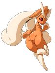  anthro black_sclera blush breasts brown_fur butt featureless_crotch female full_body fur hi_res kazumi_yoshiyuki lagomorph looking_at_viewer looking_back lopunny mammal nintendo nude on_one_leg open_mouth pok&eacute;mon pok&eacute;mon_(species) rear_view red_eyes simple_background small_breasts solo standing video_games white_background 