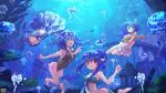  4girls :d air_bubble ashgray barefoot blue_eyes blue_hair breasts brown_eyes bubble cityscape copyright_name eel fish flower hair_flower hair_ornament highres jellyfish kerberos_blade long_hair medium_breasts multiple_girls ocean official_art open_mouth pointy_ears red_eyes skirt small_breasts smile swimsuit underwater white_skirt 
