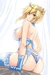  artoria_pendragon_(all) artoria_pendragon_(lancer) artoria_pendragon_(lancer_alter) artoria_pendragon_(lancer_alter)_(cosplay) ass babydoll back bangs bare_shoulders blonde_hair blue_gloves blue_legwear blue_panties blush braid breasts commentary_request cosplay crown curtains fate/grand_order fate_(series) french_braid garter_belt gloves green_eyes hair_between_eyes hellandheaven highres large_breasts lingerie long_hair looking_at_viewer looking_back open_mouth panties royal_icing see-through sideboob sidelocks sitting solo swept_bangs thighhighs thighs underwear 