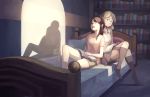  2girls bed book brown_hair couple diana_cavendish happy kagari_atsuko little_witch_academia looking_at_another multicolored_hair multiple_girls night shadow shorts sitting skirt sleeping smile socks yuri 