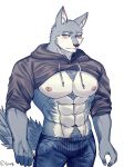  2018 5_fingers abs anthro canine chest_tuft clothed clothing digital_media_(artwork) fur grung hi_res male mammal muscular muscular_male nipples pecs tuft wolf 