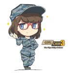  blue_eyes boots brown_hair camouflage camouflage_hat camouflage_jacket camouflage_pants chibi commentary_request cross-laced_footwear graphite_(medium) hat lace-up_boots military military_hat military_uniform original pants red-framed_eyewear short_hair smile tantu_(tc1995) title traditional_media uniform us_air_force white_background 