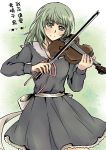  absurdres bangs blush bow_(instrument) commentary_request cowboy_shot dress eyebrows_visible_through_hair fei_cai_xiao_r flowers_(innocent_grey) green_eyes green_hair highres holding instrument long_hair long_sleeves looking_at_viewer mole mole_on_neck music playing_instrument red_ribbon ribbon school_uniform smile solo standing takasaki_chidori translation_request violin white_ribbon 