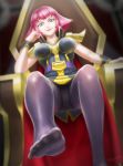  1girl breasts feet gundam gundam_zz haman_karn head_rest large_breasts leg_up looking_at_viewer panties panties_under_pantyhose pantyhose pink_hair pov pov_feet purple_eyes sitting soles throne underwear 