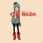  blue_hair book boots grey_eyes hat hilda hilda_(hilda) long_hair miniskirt netflix pantyhose pengpeng_dohyung scarf skirt sweater 