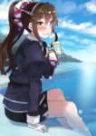  ashigara_(kantai_collection) black_skirt blue_sky brown_eyes brown_hair cloud coffee_cup commentary_request cup day disposable_cup fang gloves hairband holding horned_headwear jacket juliet_sleeves kantai_collection long_hair long_sleeves ocean pantyhose pencil_skirt ponytail puffy_sleeves purple_jacket remodel_(kantai_collection) sitting skirt sky smile solo tonari_no_kai_keruberosu white_gloves white_hairband 