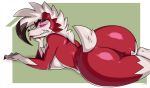  2018 anthro anus black_hair breast_squish breasts butt female fur hair looking_at_viewer looking_back lycanroc mcfli midnight_lycanroc mohawk nintendo nude pok&eacute;mon pok&eacute;mon_(species) pussy rear_view red_eyes red_fur short_tail solo tongue tongue_out video_games white_fur white_hair 