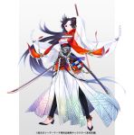  absurdly_long_hair black_footwear black_hair breasts detached_sleeves full_body grey_background holding holding_sword holding_weapon japanese_clothes kanashiki long_hair looking_at_viewer purple_eyes scroll sheath shide simple_background small_breasts smile solo standing sword very_long_hair weapon wide_sleeves 