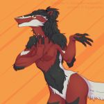  2017 5_fingers anthro black_hair breasts digital_media_(artwork) featureless_breasts featureless_crotch female fur hair rayley red_fur sergal simple_background solo yellow_eyes 