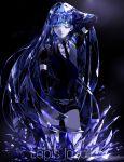 1other androgynous blue_eyes blue_hair character_name colored_eyelashes crystal crystal_hair dark_background elbow_gloves gem_uniform_(houseki_no_kuni) gloves hand_in_hair highres hime_cut houseki_no_kuni lapis_lazuli_(gemstone) lapis_lazuli_(houseki_no_kuni) light_smile long_hair looking_at_viewer necktie one_eye_closed solo 