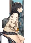  ass bag bangs black_hair black_skirt blue_eyes blurry blush cardigan commentary_request depth_of_field earbuds earphones eyebrows_visible_through_hair from_side highres long_hair microskirt nanaya_(daaijianglin) no_panties parted_lips pleated_skirt profile railing school_uniform scrunchie shoulder_bag skirt solo ssss.gridman takarada_rikka thighs wrist_scrunchie 