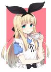  :3 alice_(wonderland) alice_in_wonderland apron black_bow black_hairband blonde_hair blue_dress blush bow closed_mouth commentary_request cup dress fingernails green_eyes hair_bow hairband hand_up highres holding huge_bow long_hair looking_at_viewer mononobe_alice nekoume nijisanji pink_background puffy_short_sleeves puffy_sleeves short_sleeves simple_background smile solo teacup upper_body virtual_youtuber 